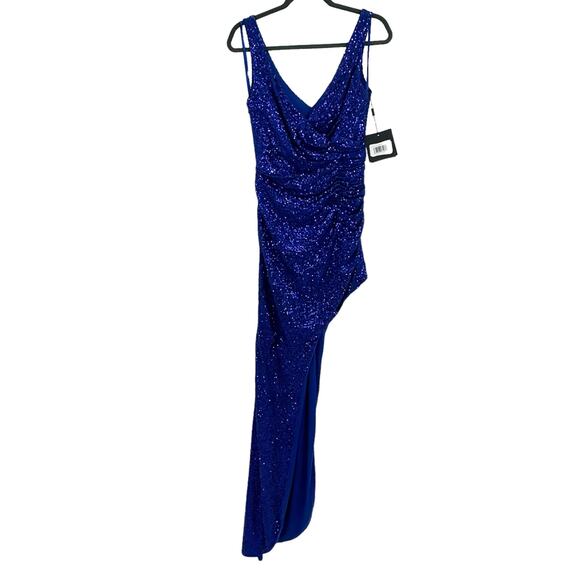 Mac Duggal Sequin Draped Faux Wrap Asymmetrical Hem Gown Cobalt Size 6 NWT - Picture 8 of 12